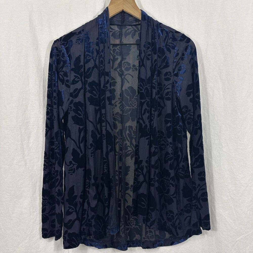 Oleg Cassini Blue Burnout Velvet Floral Open Cardigan Womens S? Whimsy Romantic